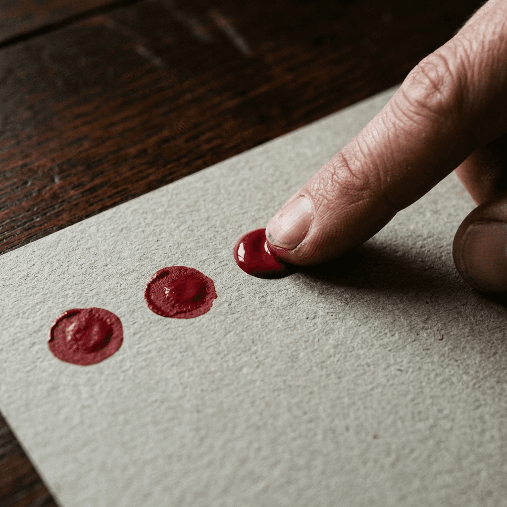 A fingertip pressing a round berry of red paint onto paper beside a cluster already set