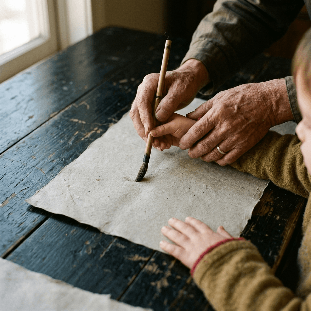 An older hand steadying a younger hand on the brush while the stroke is pulled across the paper