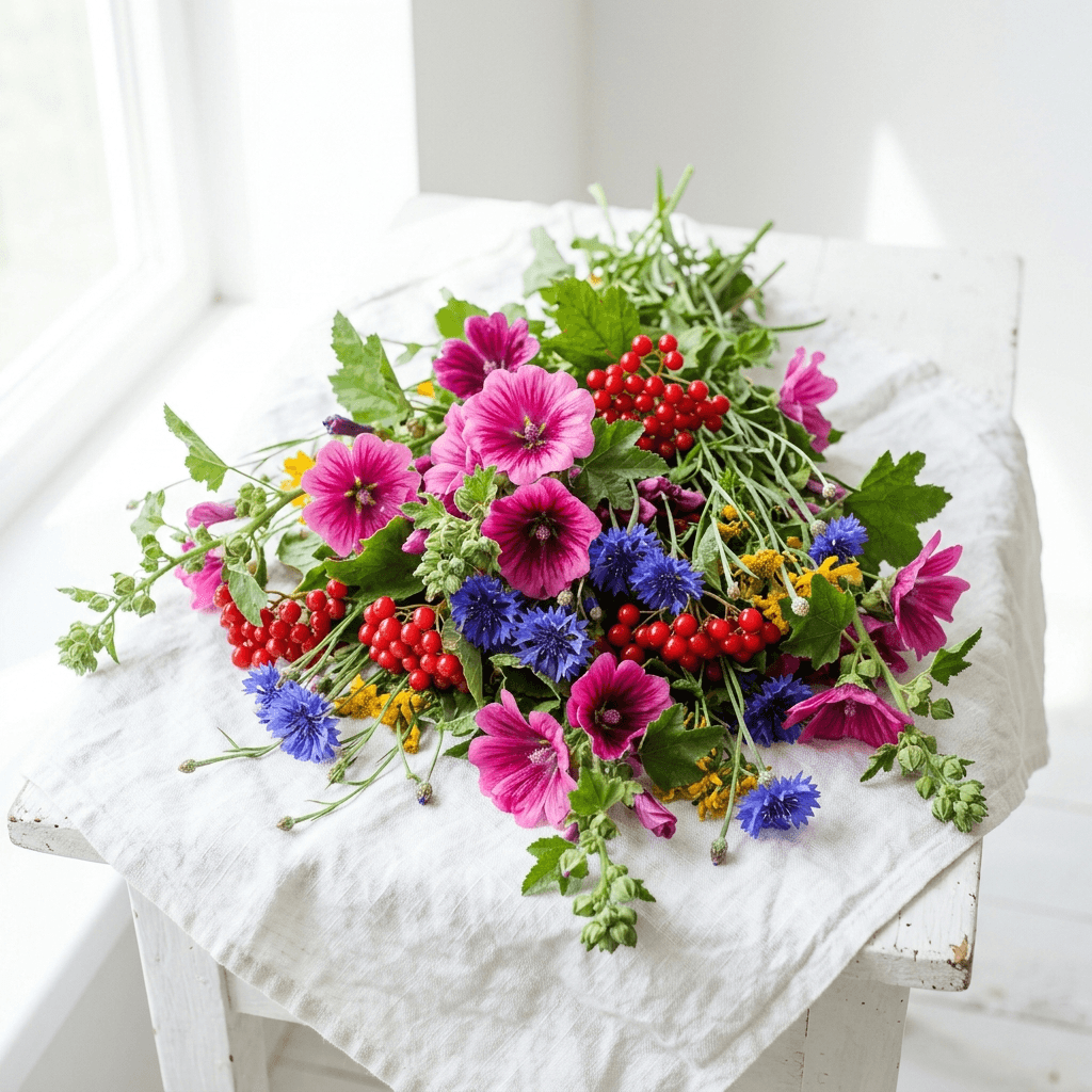 Pink mallow and a heavy cluster of red viburnum berries lying together on a table