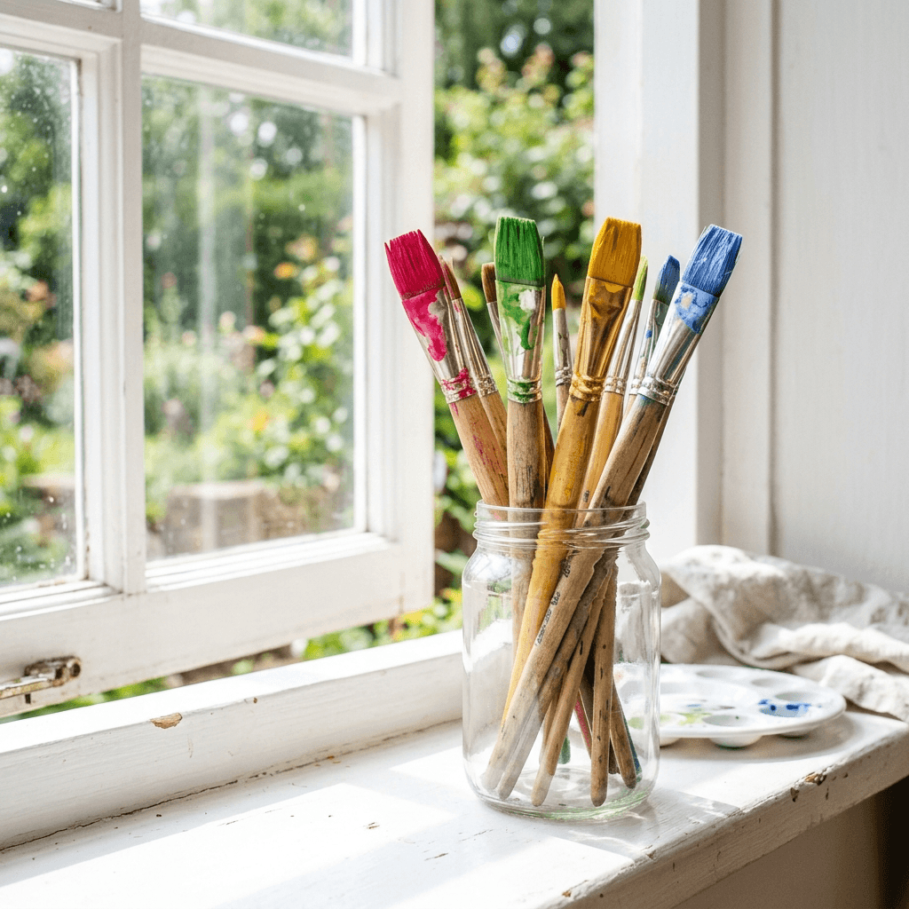 Handmade brushes with tips loaded in bright colours standing in a glass jar on a sunlit windowsill