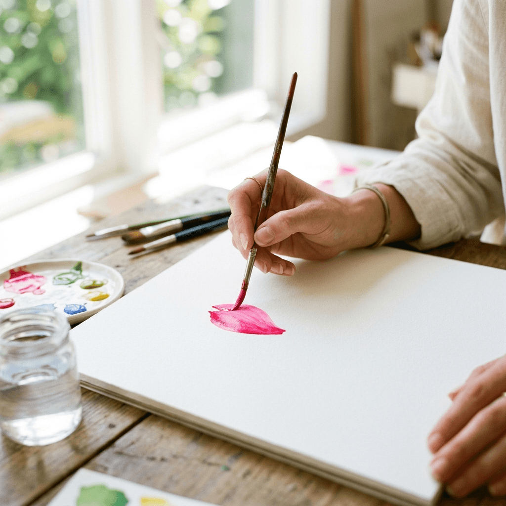 A hand painting a single bright pink petal onto a sheet of white paper, caught mid-stroke