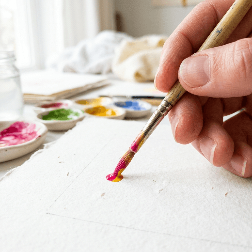 Fingers holding a thin brush loaded with pink and yellow paint over white paper