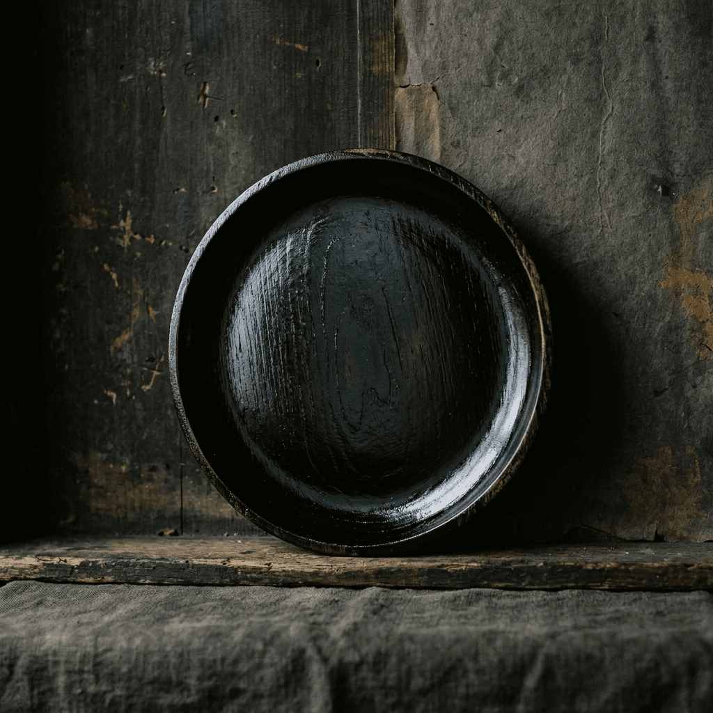 A black lacquered wooden plate catching a single highlight along its rim