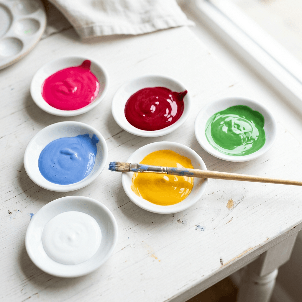 Saucers of thick glossy paint in pink, crimson, green, yellow and blue on a white table