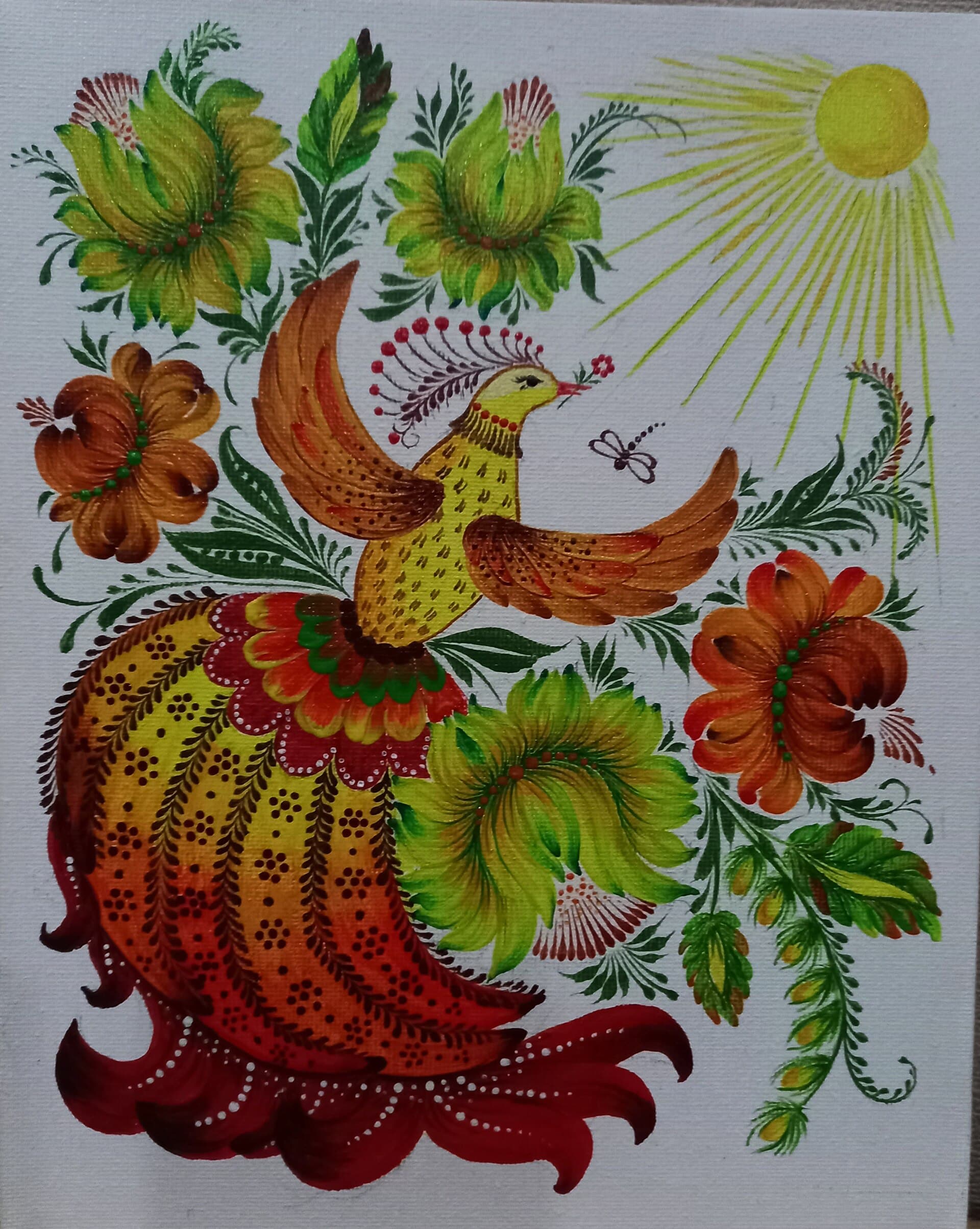 Firebird over a red bloom
